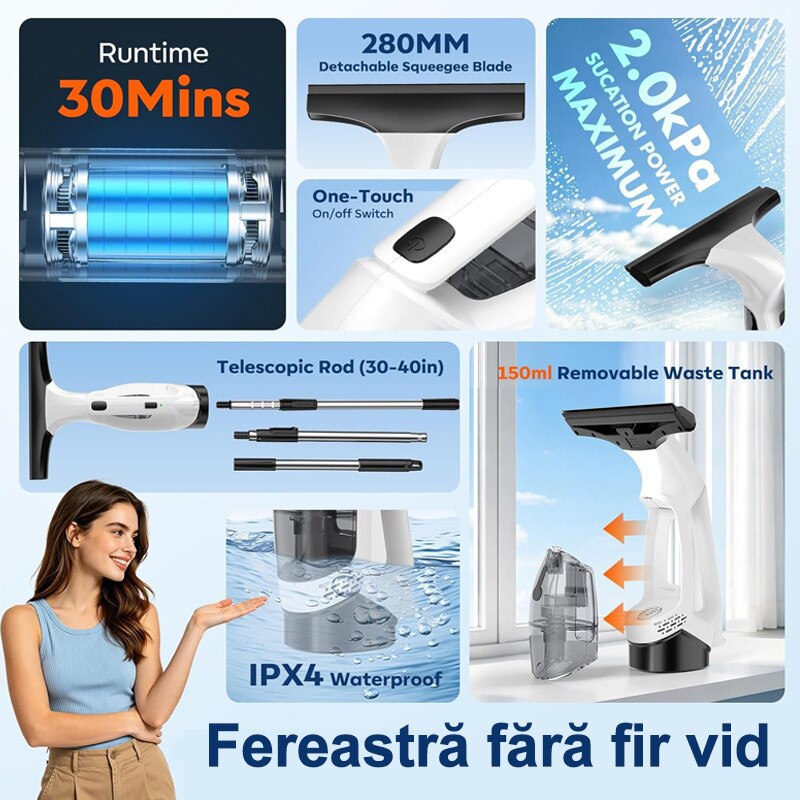 Aspirator de Geamuri, Rqiurpn, Stergator Geamuris, Pulverizator Incorporat, Autonomie 35 min, Rezervor 150 ml, Recipient Pulverizator cu Laveta, Extensie, Versatil, Usor de Utilizat, Perfect pentru Casa si Masina, Fara Urme, Alb/Negru