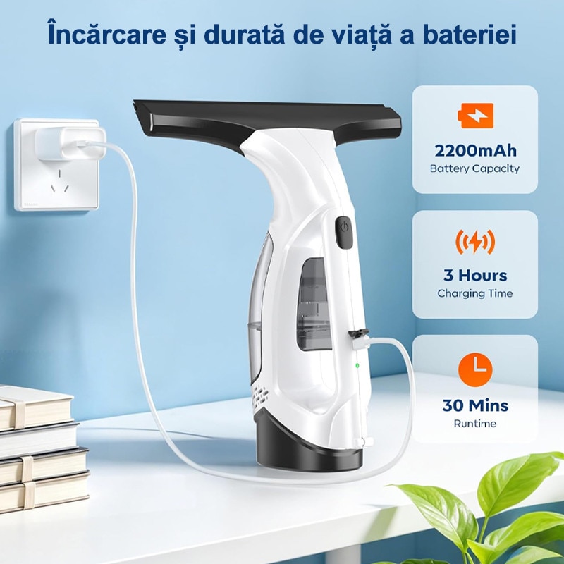 Aspirator de Geamuri, Rqiurpn, Stergator Geamuris, Pulverizator Incorporat, Autonomie 35 min, Rezervor 150 ml, Recipient Pulverizator cu Laveta, Extensie, Versatil, Usor de Utilizat, Perfect pentru Casa si Masina, Fara Urme, Alb/Negru