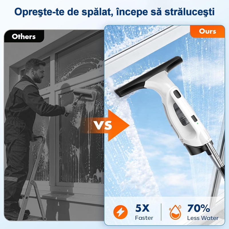 Aspirator de Geamuri, Rqiurpn, Stergator Geamuris, Pulverizator Incorporat, Autonomie 35 min, Rezervor 150 ml, Recipient Pulverizator cu Laveta, Extensie, Versatil, Usor de Utilizat, Perfect pentru Casa si Masina, Fara Urme, Alb/Negru