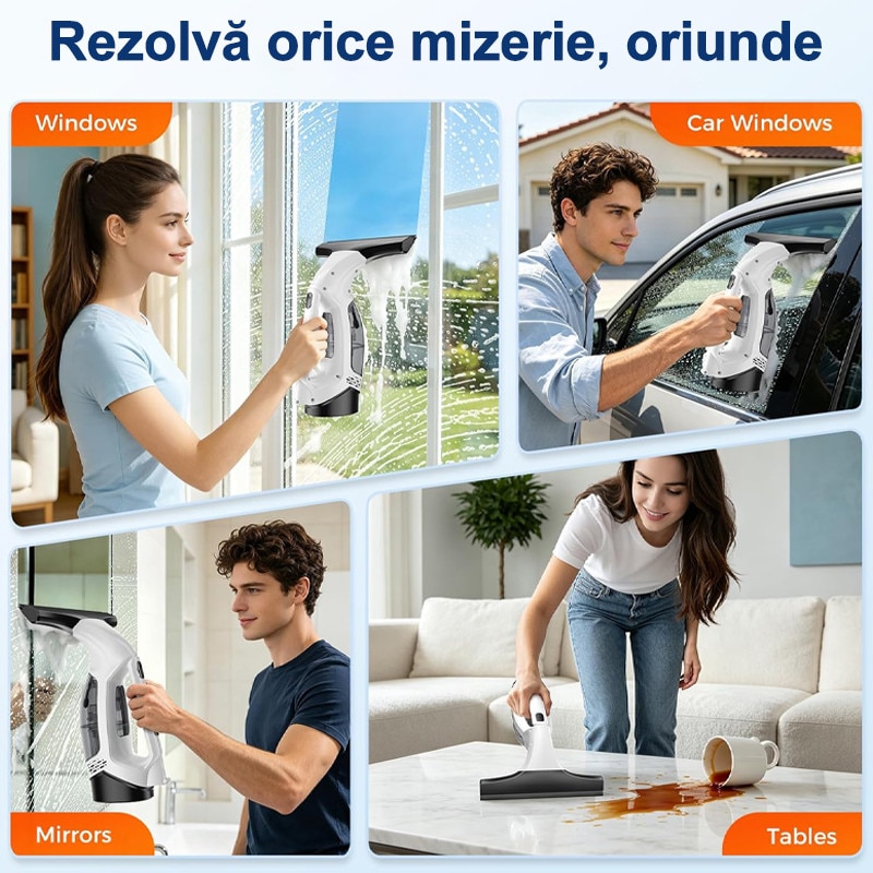 Aspirator de Geamuri, Rqiurpn, Stergator Geamuris, Pulverizator Incorporat, Autonomie 35 min, Rezervor 150 ml, Recipient Pulverizator cu Laveta, Extensie, Versatil, Usor de Utilizat, Perfect pentru Casa si Masina, Fara Urme, Alb/Negru