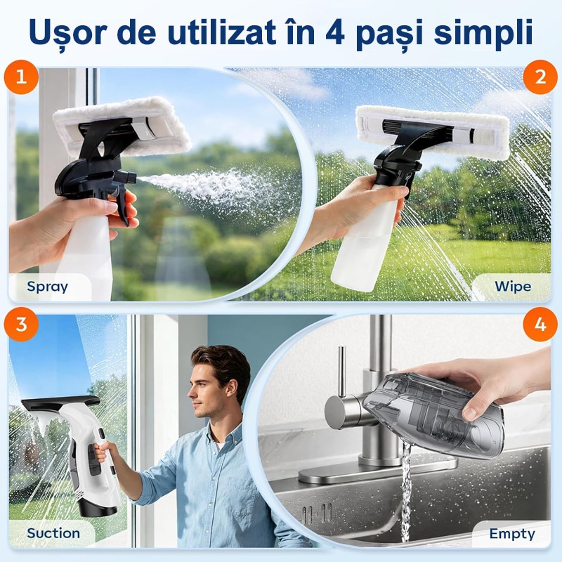 Aspirator de Geamuri, Rqiurpn, Stergator Geamuris, Pulverizator Incorporat, Autonomie 35 min, Rezervor 150 ml, Recipient Pulverizator cu Laveta, Extensie, Versatil, Usor de Utilizat, Perfect pentru Casa si Masina, Fara Urme, Alb/Negru