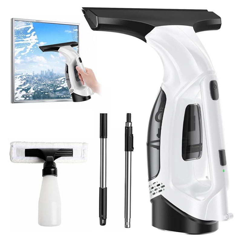 Aspirator de Geamuri, Rqiurpn, Stergator Geamuris, Pulverizator Incorporat, Autonomie 35 min, Rezervor 150 ml, Recipient Pulverizator cu Laveta, Extensie, Versatil, Usor de Utilizat, Perfect pentru Casa si Masina, Fara Urme, Alb/Negru