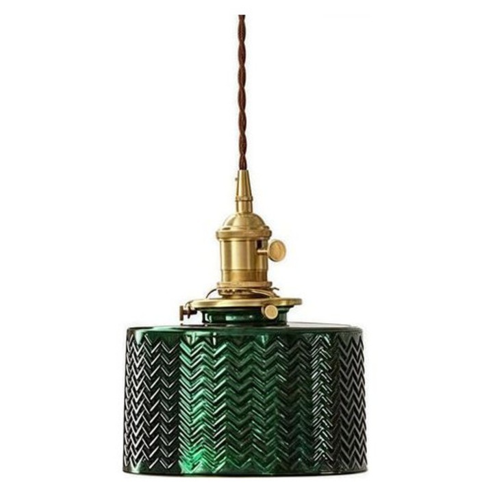 Lustru vintage cu abajur din sticla verde 17,5x17,5cm cablu 150cm