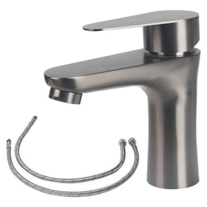 SUS304 rozsdamentes acél mosdócsaptelep/csap, egykaros, ólommentes, kerámia betét, 2 db 60 cm-es tömlő mellékelve, vízkőmentes perlátor, szürke, 15,5 x 10,5 cm