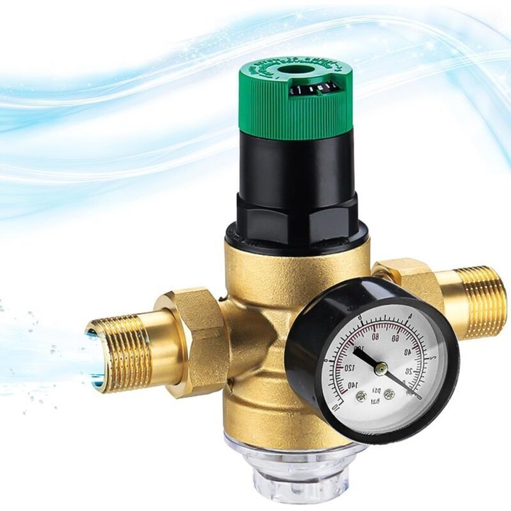 Reducator/Regulator de presiune pentru apa 3/4, din alama, cu manometru si filtru cu sita, reglabil 1.6 MPa, alama, 1 buc