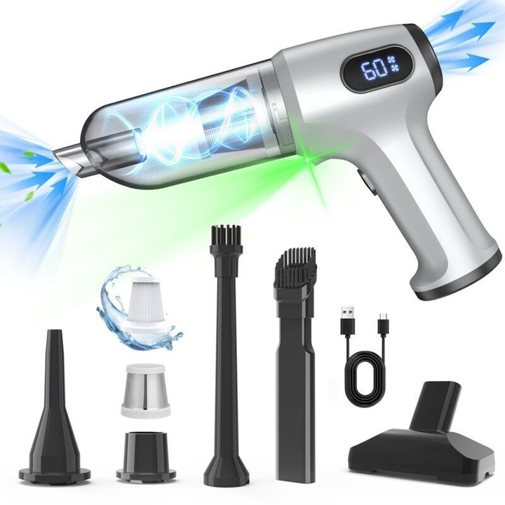 Aspirator de mana fara fir, aspirator portabil 3 in 1, motor fara perii, incarcare USB-C, cu accesorii multiple, argintiu/negru