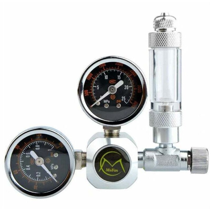 Reductor de presiune CO2 (regulator) pentru acvariu, din otel inoxidabil, cu 2 manometre, contor de bule inclus, argintiu, 1 buc