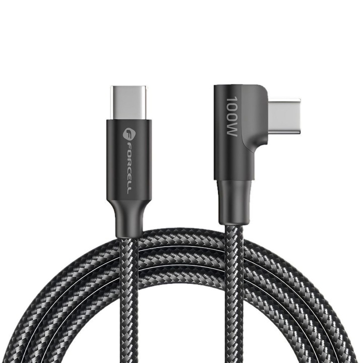 Forcell F-Energy - Cablu textil Type-C / Type-C (USB-C) (cu conector cotit la 90 de grade), 120 cm / 100W