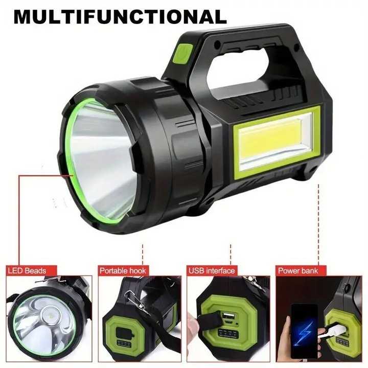 LED napelemes lámpa USB 200 lumen vízálló 36V 7 sebesség 100m hatótáv