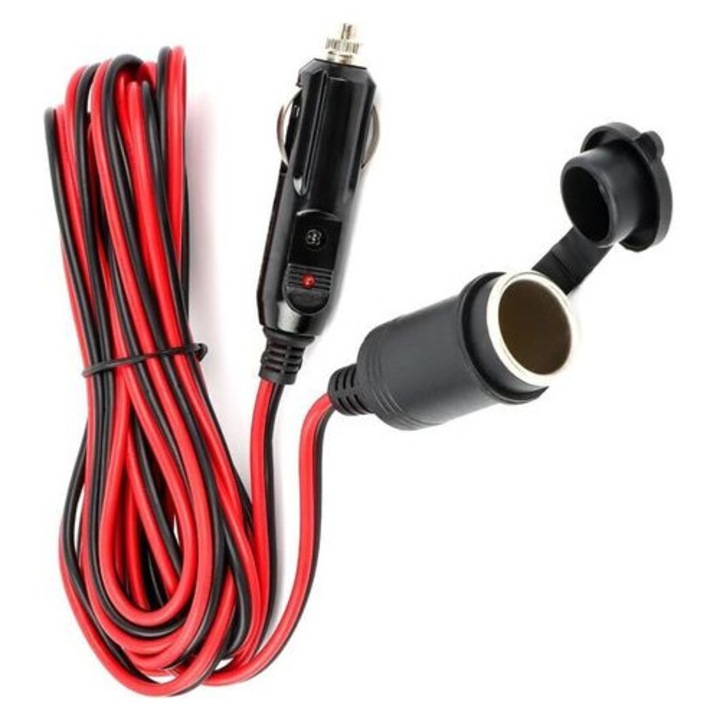 Cablu extensie priza bricheta auto, prelungitor alimentare 12V/24V, cu siguranta 15A si LED, 16 AWG, rezistent la apa si praf, rosu/negru, 5 m