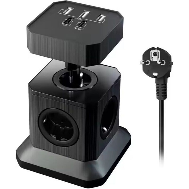 Multipriza cube EU TP-VE5U4E cu 4 prize si 5 porturi USB (USB-A ×3, USB-C ×2, USB-C incarcare rapida 20W), cablu 2 m, protectie la suprasarcina, negru