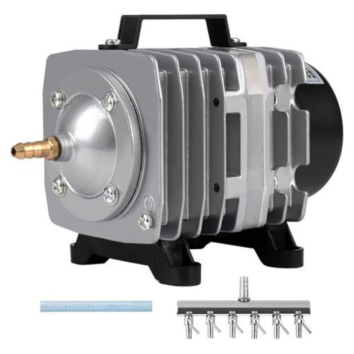 Въздушна помпа за аквариум 1250GPH-35W, въздушен компресор, голям дебит 1250GPH, налягане 0,03 MPa, алуминиев корпус с разсейване на топлината, без масло, включва колектор с 6 изхода и тръба 3/16, Сребрист