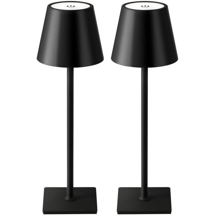 Set 2 bucati, Lampa de masa portabila, baterie 5000 mAh, autonomie 8-40 ore, incarcare USB-C, reglaj continuu 3 temperaturi de culoare si intensitate 5-100% cu control touch, corp metalic cu abajur acrilic mat, Negru