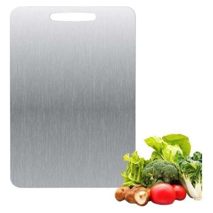 Placa de taiat, tocator din titan, dublu fata, inoxidabil, fara BPA, argintiu, 34 x 23 cm