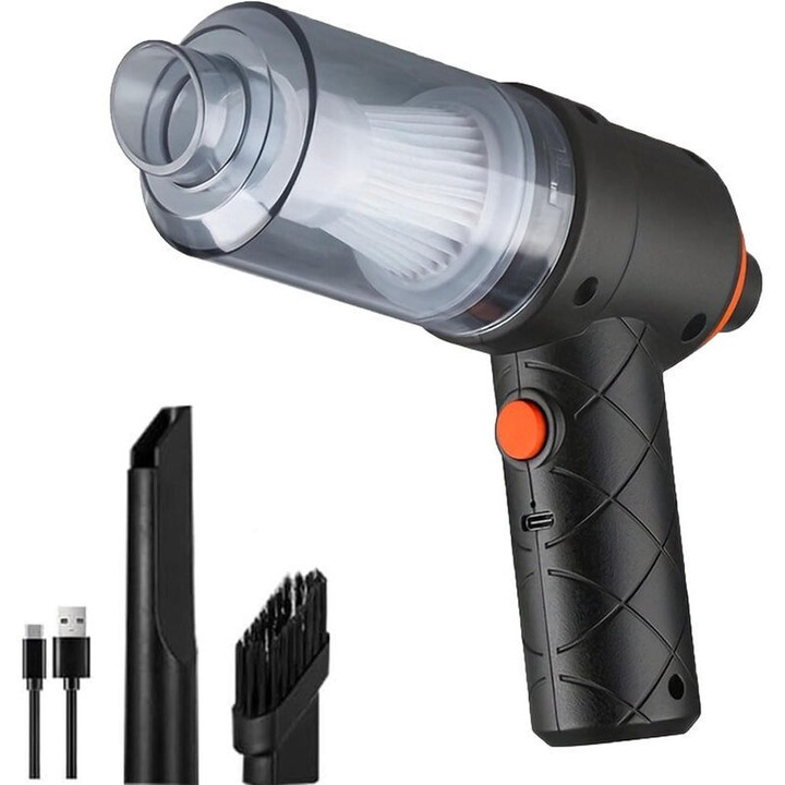 Aspirator auto portabil, mini aspirator de mana pliabil fara fir, 120 W, 18 kPa, capacitate 0,5 L, tub flexibil 38 cm, cu perii 2 in 1 si functie suflare, negru/oranj