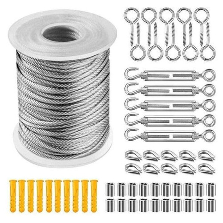Rozsdamentes acél kábel 304 / acélhuzal, vinil (PVC) védelemmel, 2 mm, tartozékkészlet csavaros szemes csavarral, feszítővel, bilincsekkel és hüvelyekkel, ezüst, 15/20/30/50 m