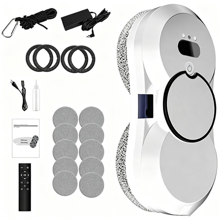 Set robot curatare geamuri Rqiurpn 5600Pa, suctiune 5600 Pa, detectie margini inteligenta si planificare automata traseu, pulverizare automata apa, telecomanda, 10 lavete, alb