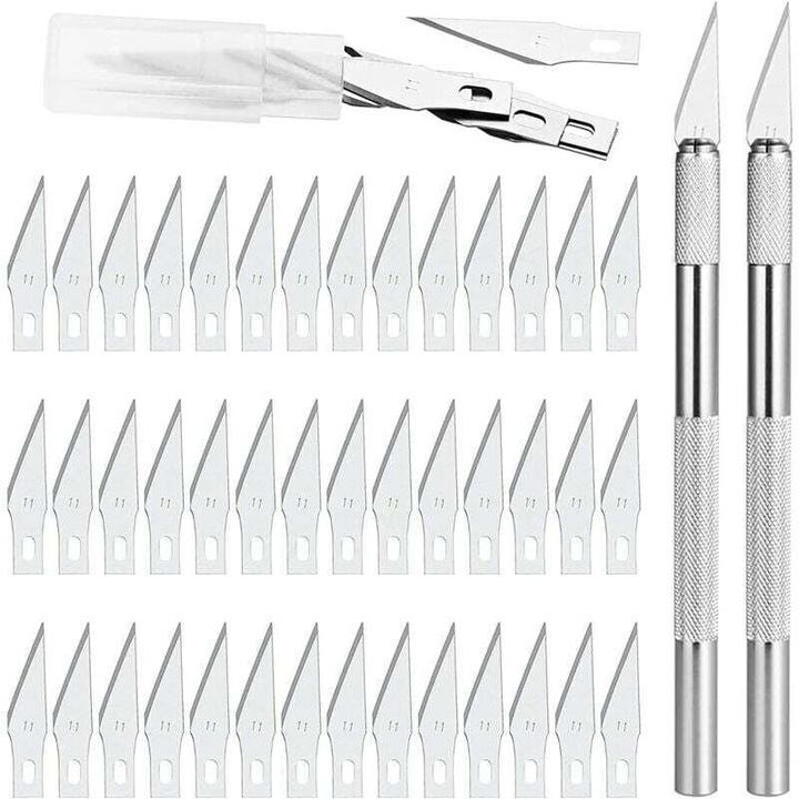 Set 2 bucati, cutter de precizie 2, corp din otel mangan, 42 lame de rezerva, lungime 14,5 cm, lama 37 x 6 mm, argintiu