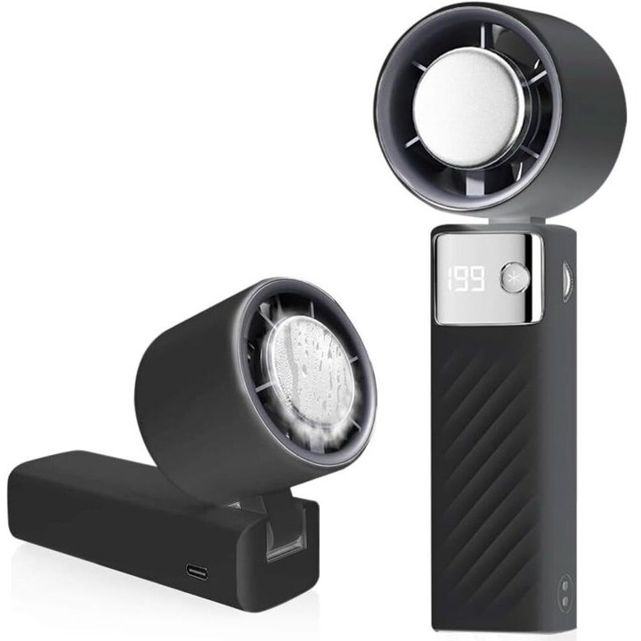 Mini hordozható ventilátor, fekete, 5000mAh, állítható 1-199 sebességfokozat, kompakt 90°