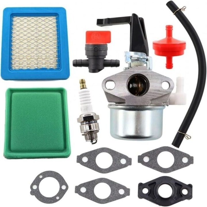 Karburátor tömítéskészlettel és üzemanyagszűrővel Briggs & Stratton 696065/697422/110412/110402/215369 motorokhoz, gyújtógyertya mellékelve, műanyag és fém, Többszínű, 1 szett