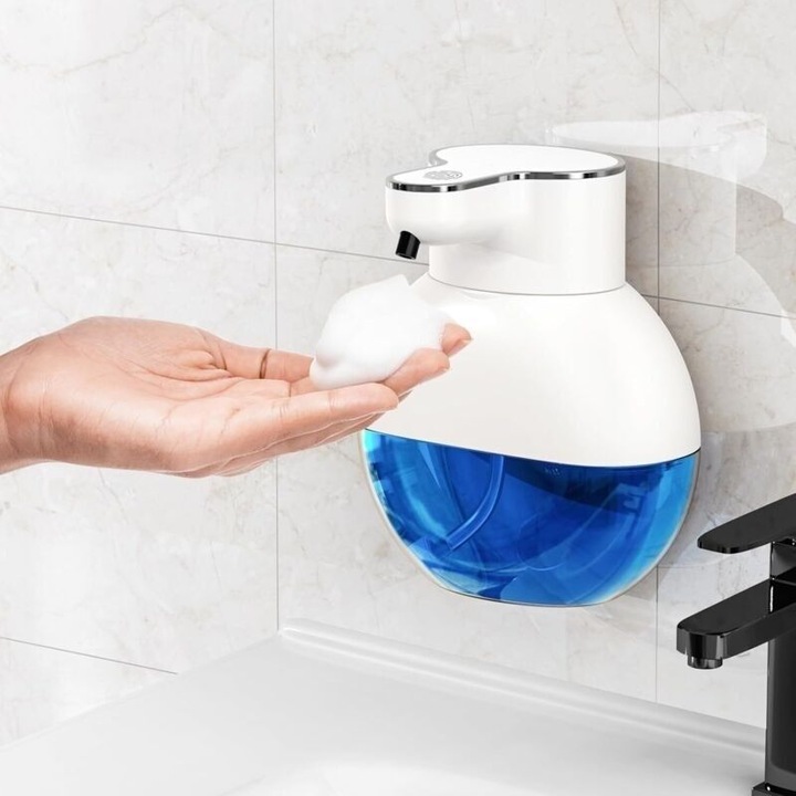 Automata habszappan adagoló, érintésmentes infravörös érzékelővel, USB töltés, 2 fokozatú hangerő szabályozás, IPX5, Fehér/Kék, 400 ml