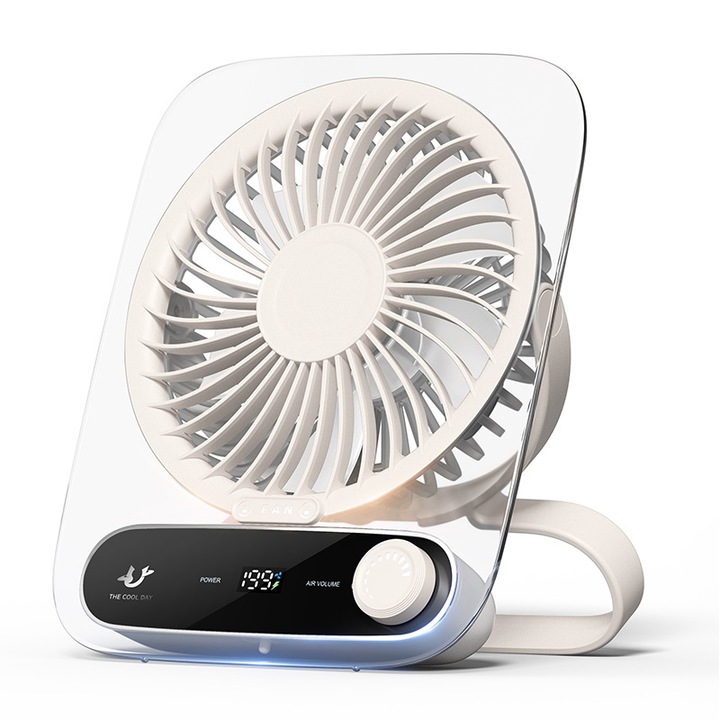 Asztali ventilátor, 3000 mA, 199 sebességfokozat, átlátszó, világítással, hordozható, ultravékony, ORBER, 30 dB alatt, falra szerelhető, kollégiumokba és irodákba alkalmas, ABS-ből, 173,5 × 141 × 41 mm, fehér