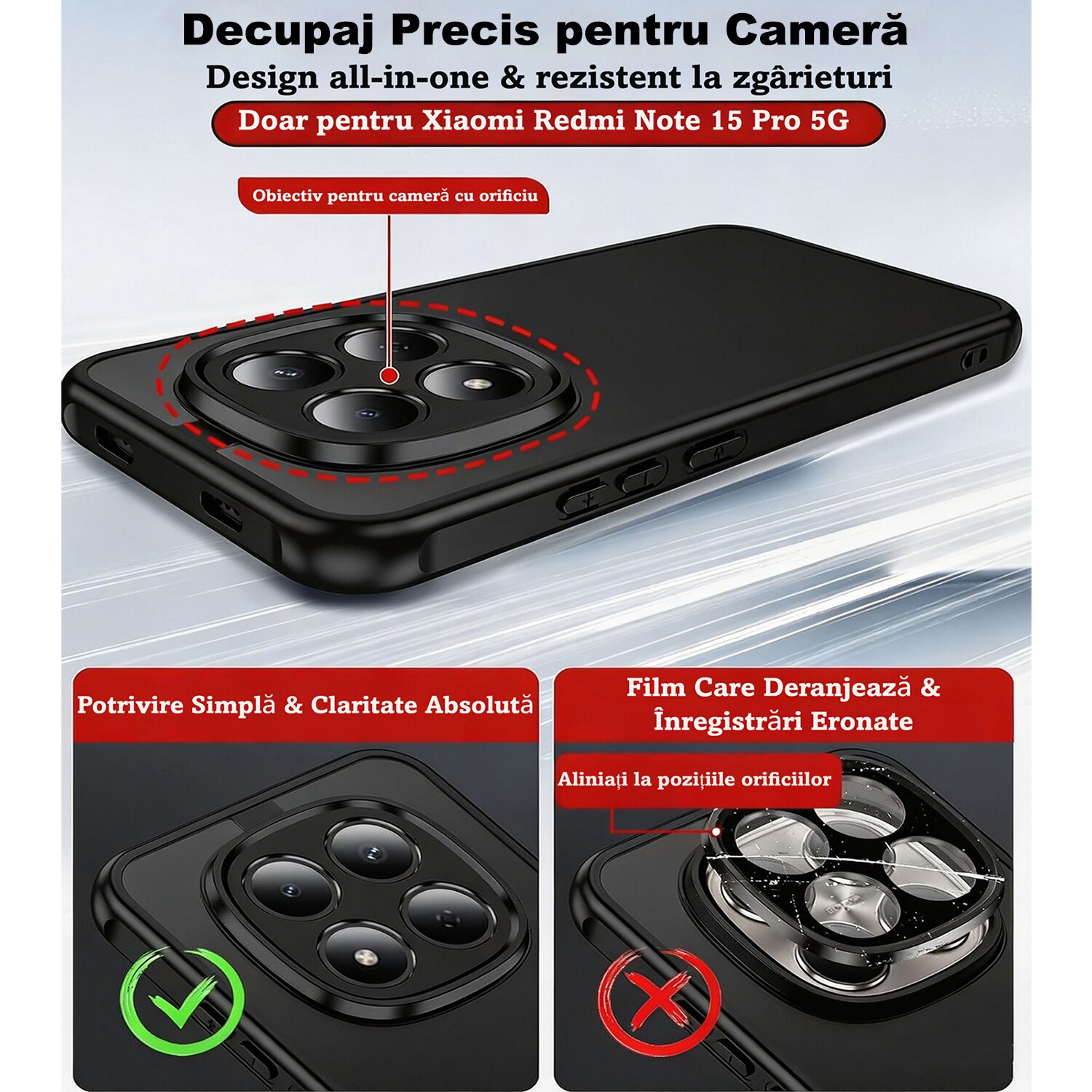Pachet Husa Telefon + 2 Folii Sticla Compatibila Cu Xiaomi Redmi Note 15 Pro 5G (nu este compatibila cu Redmi Note 15 Pro 4G), MOGU, TPU Moale, Rezistent la Socuri, Carcasa Subtire de Protectie Anti Soc, Spate Mat Translucid Rezistent la Zgarieturi, Negru