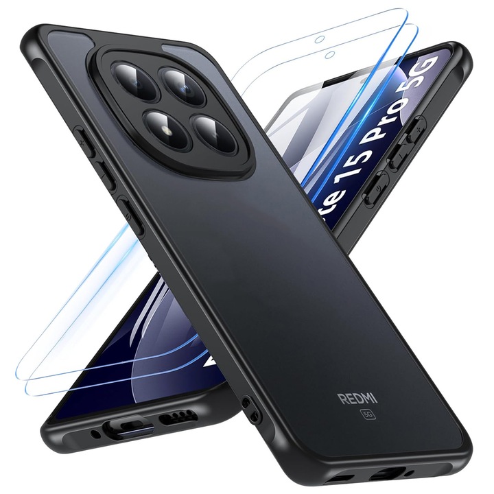 Pachet Husa Telefon + 2 Folii Sticla Compatibila Cu Xiaomi Redmi Note 15 Pro 5G (nu este compatibila cu Redmi Note 15 Pro 4G), MOGU, TPU Moale, Rezistent la Socuri, Carcasa Subtire de Protectie Anti Soc, Spate Mat Translucid Rezistent la Zgarieturi, Negru