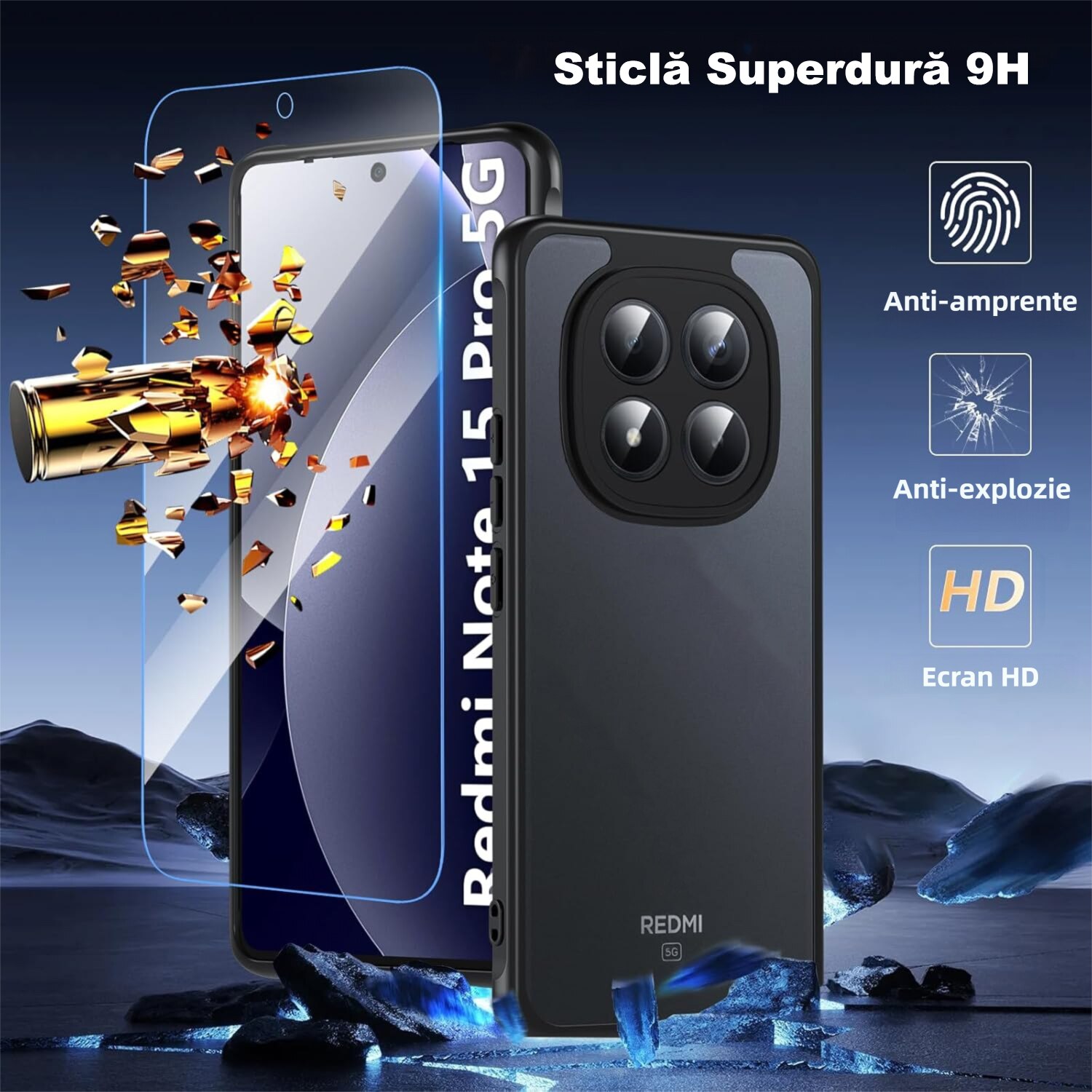 Pachet Husa Telefon + 2 Folii Sticla Compatibila Cu Xiaomi Redmi Note 15 Pro 5G (nu este compatibila cu Redmi Note 15 Pro 4G), MOGU, TPU Moale, Rezistent la Socuri, Carcasa Subtire de Protectie Anti Soc, Spate Mat Translucid Rezistent la Zgarieturi, Negru