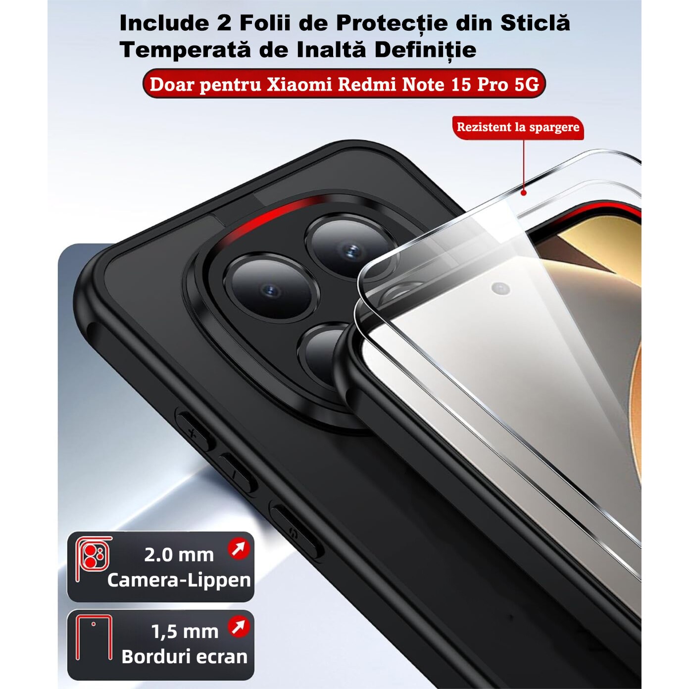 Pachet Husa Telefon + 2 Folii Sticla Compatibila Cu Xiaomi Redmi Note 15 Pro 5G (nu este compatibila cu Redmi Note 15 Pro 4G), MOGU, TPU Moale, Rezistent la Socuri, Carcasa Subtire de Protectie Anti Soc, Spate Mat Translucid Rezistent la Zgarieturi, Negru