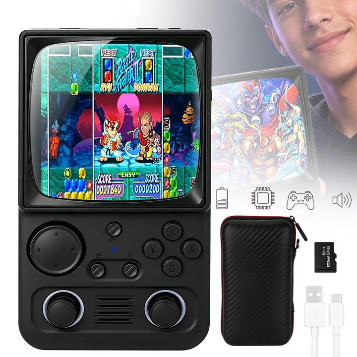Consola retro portabila R36TMAX, Bedee, 64GB, Ecran HD IPS de 4.0'' 720x720, Baterie 4000mAh, Reincarcabil, Joystick-uri 3D, CPU RK3326, Emulator N64 PSP PS1 PlayStation Sega, Arcade portabila de buzunar, Wireless, Negru