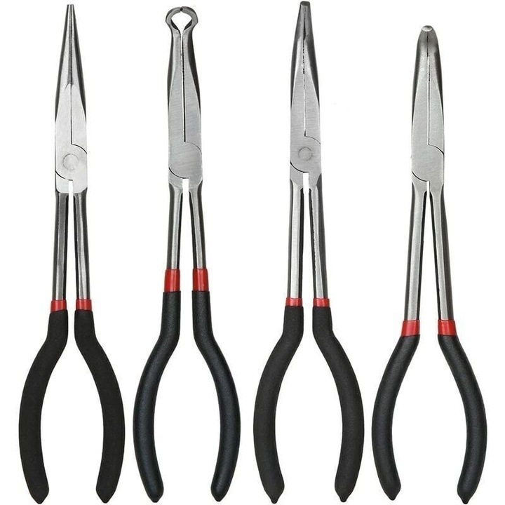 4 darabos készlet, hosszú orrú fogók, szénacél, ergonomikus gumírozott markolat, rozsdamentes, 28 cm, tartalmaz egyenes, 45°, 90° és kör alakú hegyet, többszínű