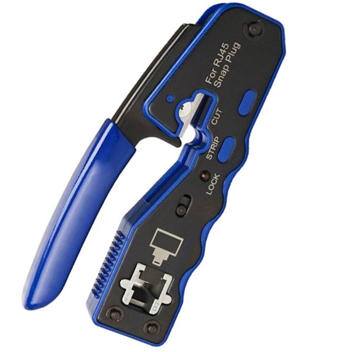 RJ45 pass-through krimpelő fogó, multifunkcionális szerszám beépített csupaszolóval és vágóval, ergonomikus fogantyú, RJ45 Cat5/Cat5e/Cat6/Cat7 pass-through csatlakozókhoz, Kék/Fekete