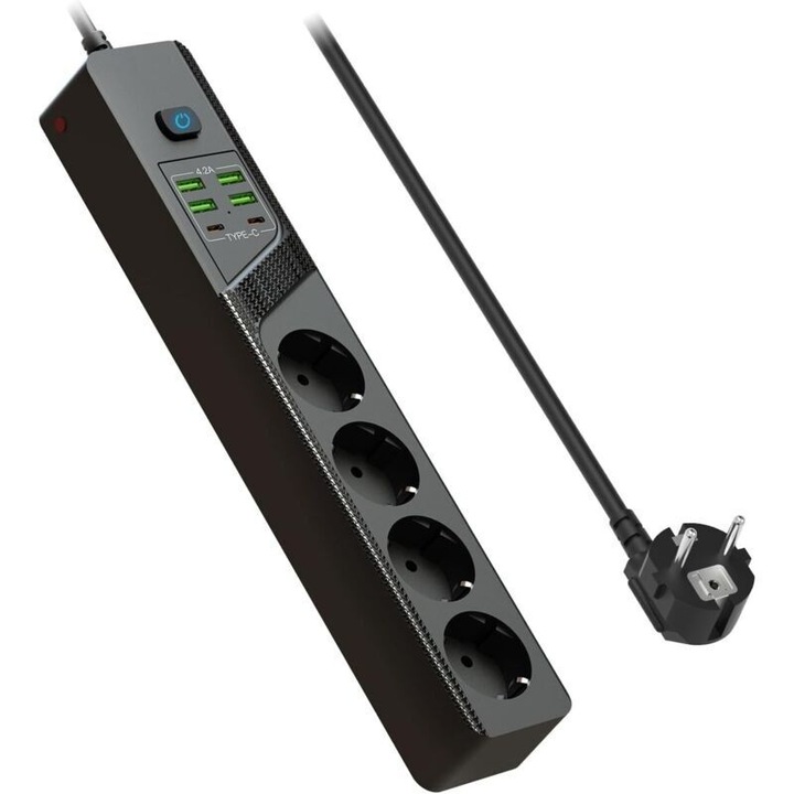 Prelungitor USB 4 prize 4 USB A 2 USB C negru 2m