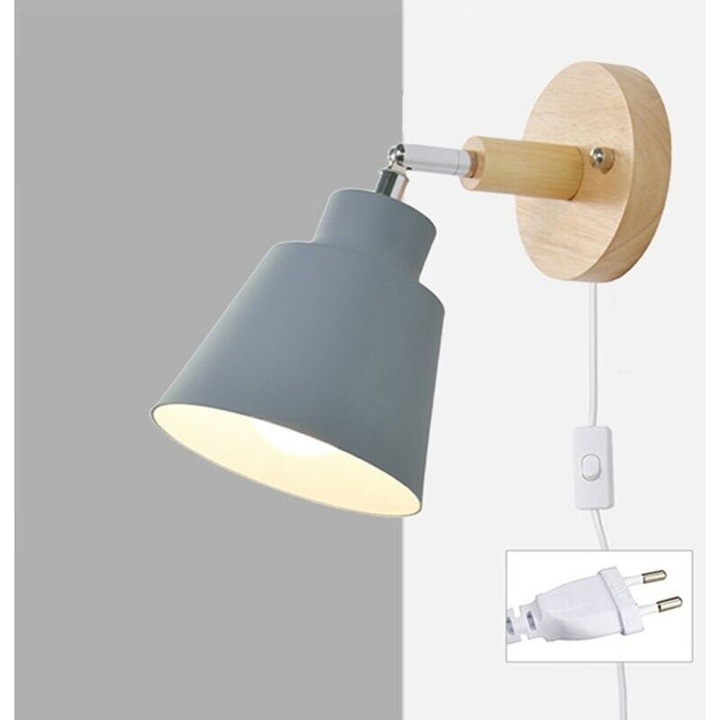 Aplica de perete, lampa de perete, cu soclu E27, cu intrerupator si cablu cu priza, reglabil, abat-jour din aluminiu, suport din lemn, Gri