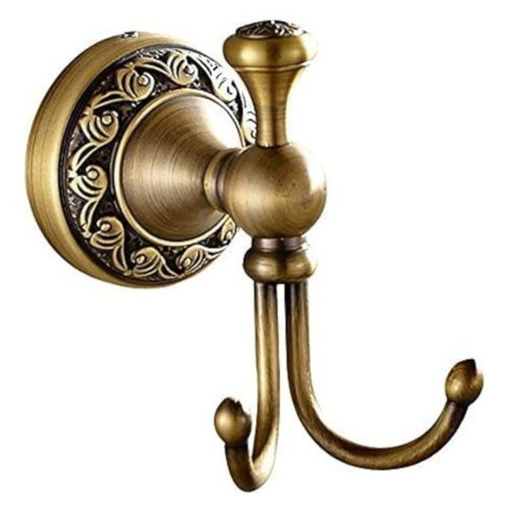 Cuier dublu pentru prosoape, suport prosop retro, finisaj bronz antichizat, 2 carlige, rezistent la rugina, montare usoara cu accesorii incluse, bronz, 1 buc