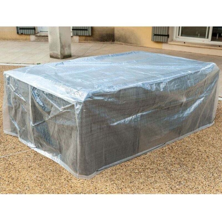 Kerti asztal huzat, kerti bútor védelem 250x150x80 cm, 90 g/m² polietilén, vízálló, rothadásálló, UV-álló kezeléssel, 8 alumínium fűzőlyukkal és rögzítőzsinórral, áttetsző, 1 db