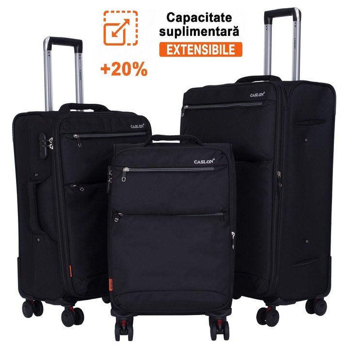 Set 3 trolere, Extensibile, Marime S+M+L, Valize cu fermoar antifurt, 4 roti duble antisoc cu rotatie 360°, Textil, Negru carbon, 7012, CASLON ®