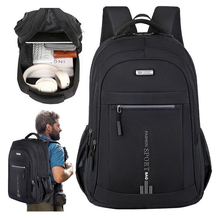 Juksun, rucsac/ghiozdan din panza Oxford impermeabil, cu compartiment pentru laptop 15.6in, buzunare multiple, spate din plasa amortizor si bretele intarite, Voiaj, gri/negru, 48x32x18 cm