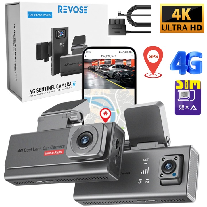 4G fedélzeti kamera GPS-szel, Dual Lens 3MP + 3MP, Full HD, 24/7 parkolásfigyelés, mozgásérzékelés, rezgésérzékelés, radarérzékelés