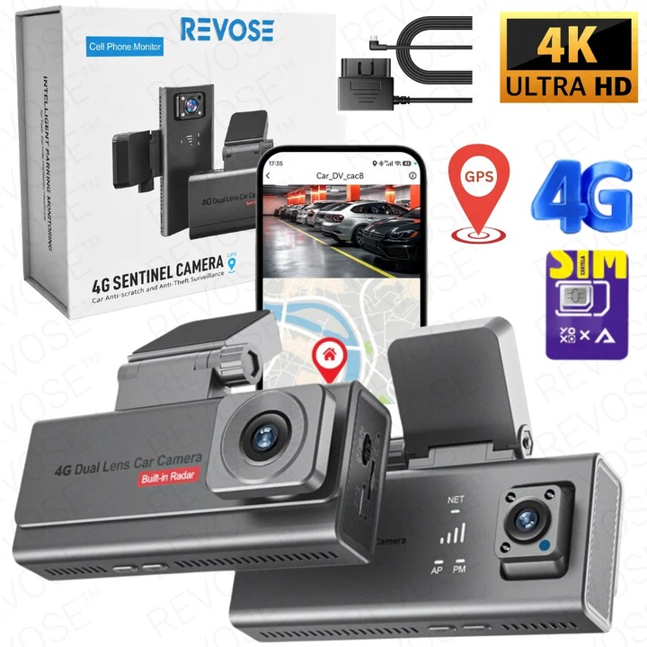 Camera Auto de Bord 4G cu GPS, Dual Lens 3MP + 3MP, Full HD, Monitorizare Parcare 24/7, Detectie Miscare, Detectie Vibratie, Detectie Radar