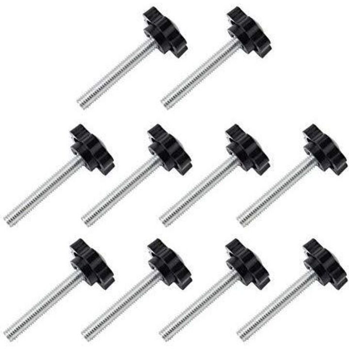 Set 10 bucati, Surub moletat cu cap stea din plastic M6 x 30 mm, galvanizat, rezistent la rugina, Negru/Argintiu