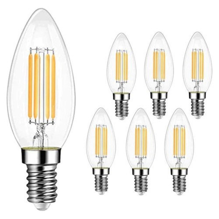 6 db LED Filament Vintage E14 Izzó Szett, 4W, Meleg Fehér 3000K, 25000h, Átlátszó