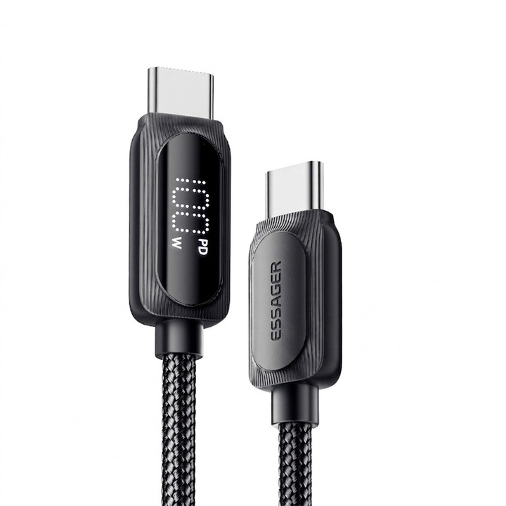 Cablu de Date si Incarcare Rapida Essager, USB-C la USB-C, 100W, Display Digital, Impletit, 1m, 480Mbps, 5A, Negru