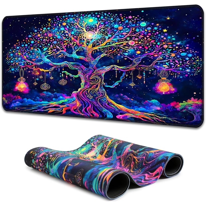 Egérpad nagy 80x30cm UV reaktív többszínű fa mintával, csúszásmentes alappal 3mm