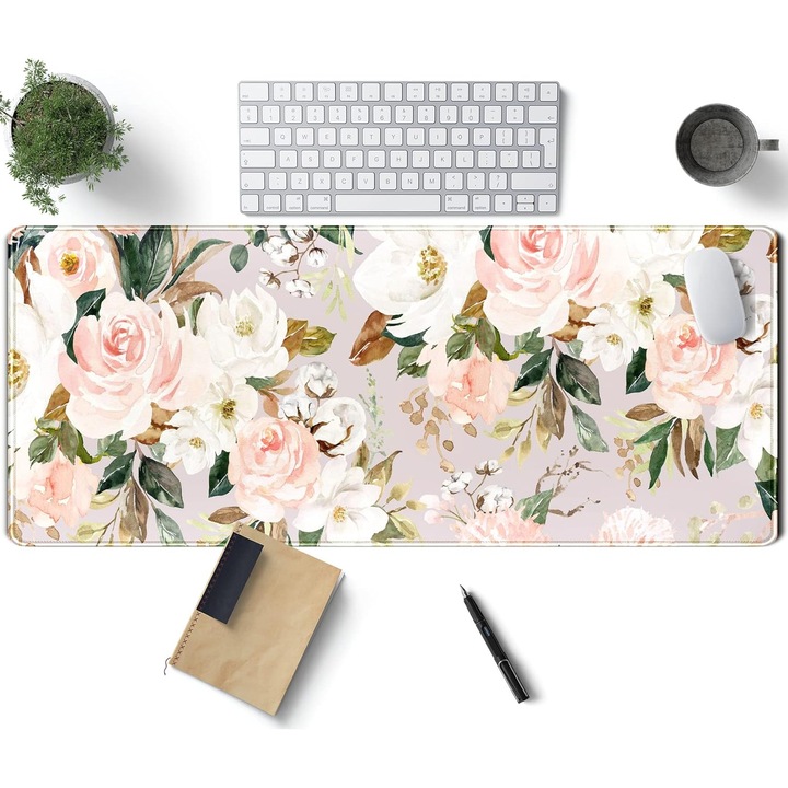 Tastatura cu Flori Roz Suport pentru PC Gaming Birou Covoras Mouse Pad Frunze Verzi Florale Mare, Mousepad XL Mare pentru Computer cu Margine Cusuta Decor pentru Biroul de Acasa 31.5x11.8 in, 31.5x11.8x0.12 in
