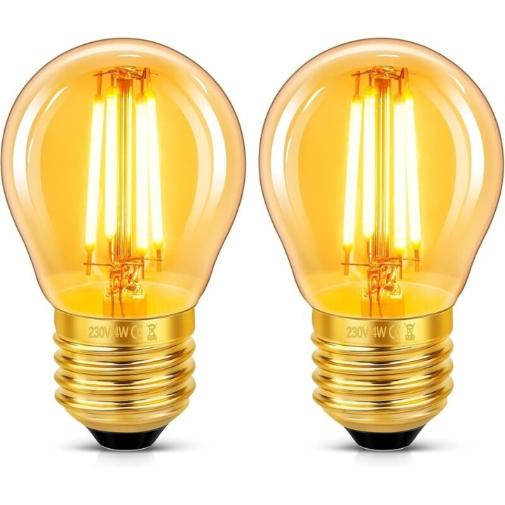 2 darabos szett, G45 Edison LED izzó 4W E27, 40W-nak megfelelő, 400 lm, 2200K meleg fehér, borostyán üveg, nem szabályozható, 220-240V, 25.000 óra