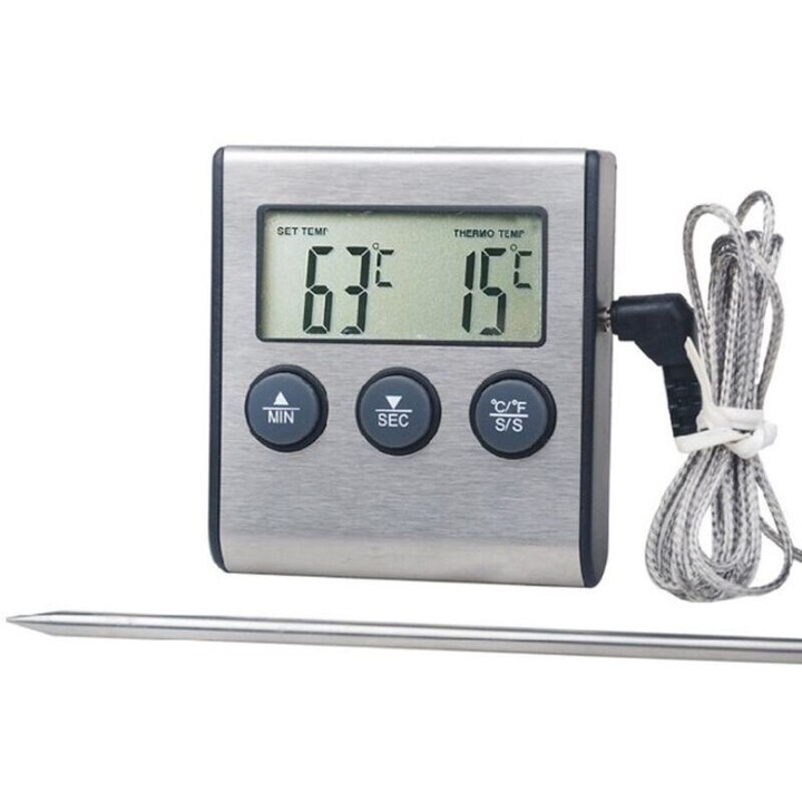 Digitális konyhai hőmérő, élelmiszer hőmérő, 11 cm hosszú szonda, nagy LCD kijelző, hőmérséklet riasztás és időzítő akár 99 perc 59 másodpercig, Celsius/Fahrenheit átkapcsolható, Szürke, 1 db