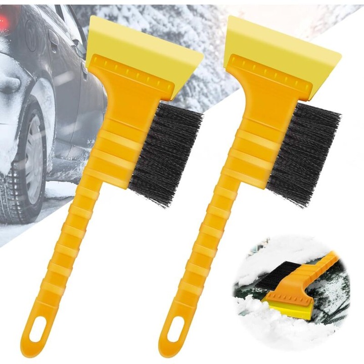 Set 2 bucati, racleta pentru gheata auto si perie pentru zapada, ABS, 2-in-1 cu perie nylon, maner 20 cm, compact, galben/negru