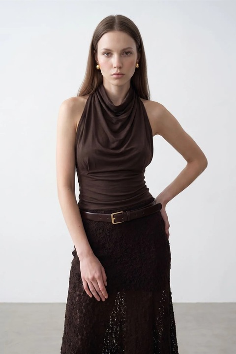 Bluza dama, Dilvin, mulata fara maneci, drapaj, maro, lyocell
